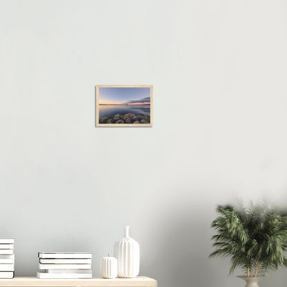 Peaceful Lake Rotorua view with mossy rocks and soft pastel reflections in Calm Waters by NZ artist Ben Hart.