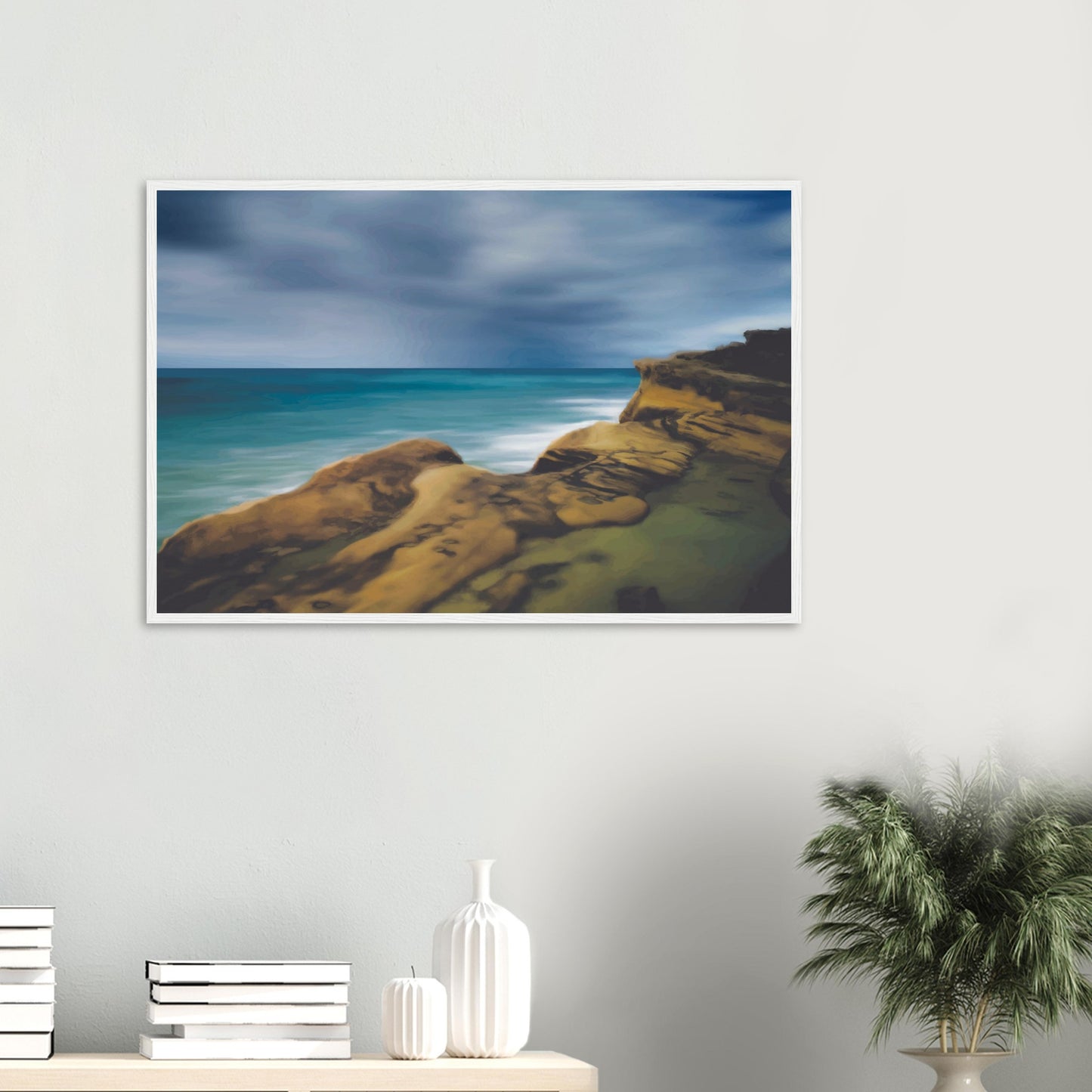 Moody seascape artwork of Castlepoint, with cliffs in the foreground and dark ocean under a brooding sky.