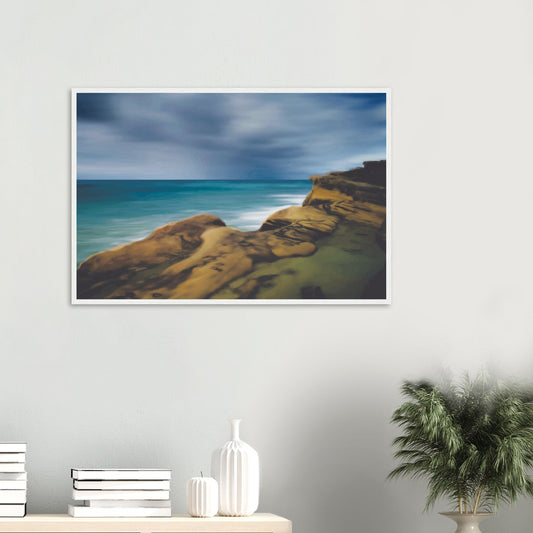 Moody seascape artwork of Castlepoint, with cliffs in the foreground and dark ocean under a brooding sky.