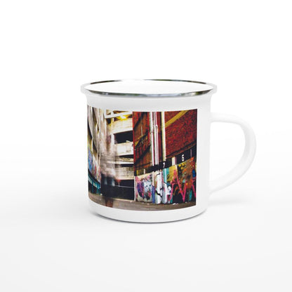 Designer enamel mugs with artwork by NZ designer