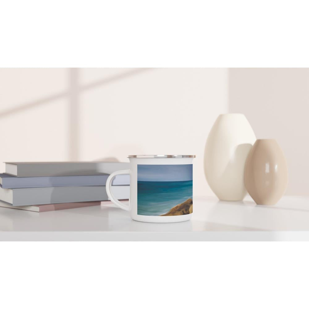 Designer enamel mugs with artwork by NZ designer