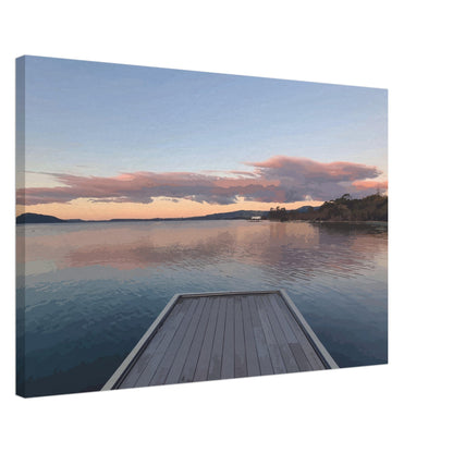 Jetty over Lake Rotorua at dusk with soft clouds and reflections in Echoes of the Lake by New Zealand designer Ben Hart.