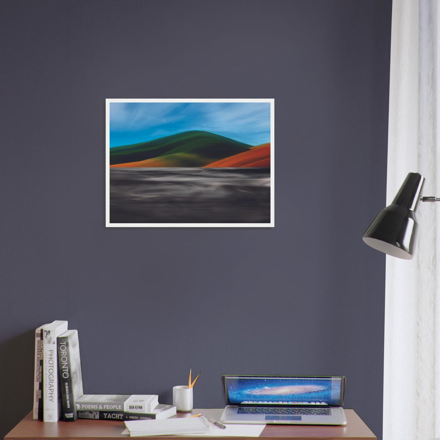 Vibrant artwork of abstract hills and a shimmering road, capturing the feel of a hot summer day in New Zealand.