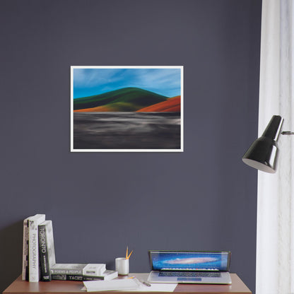 Vibrant artwork of abstract hills and a shimmering road, capturing the feel of a hot summer day in New Zealand.