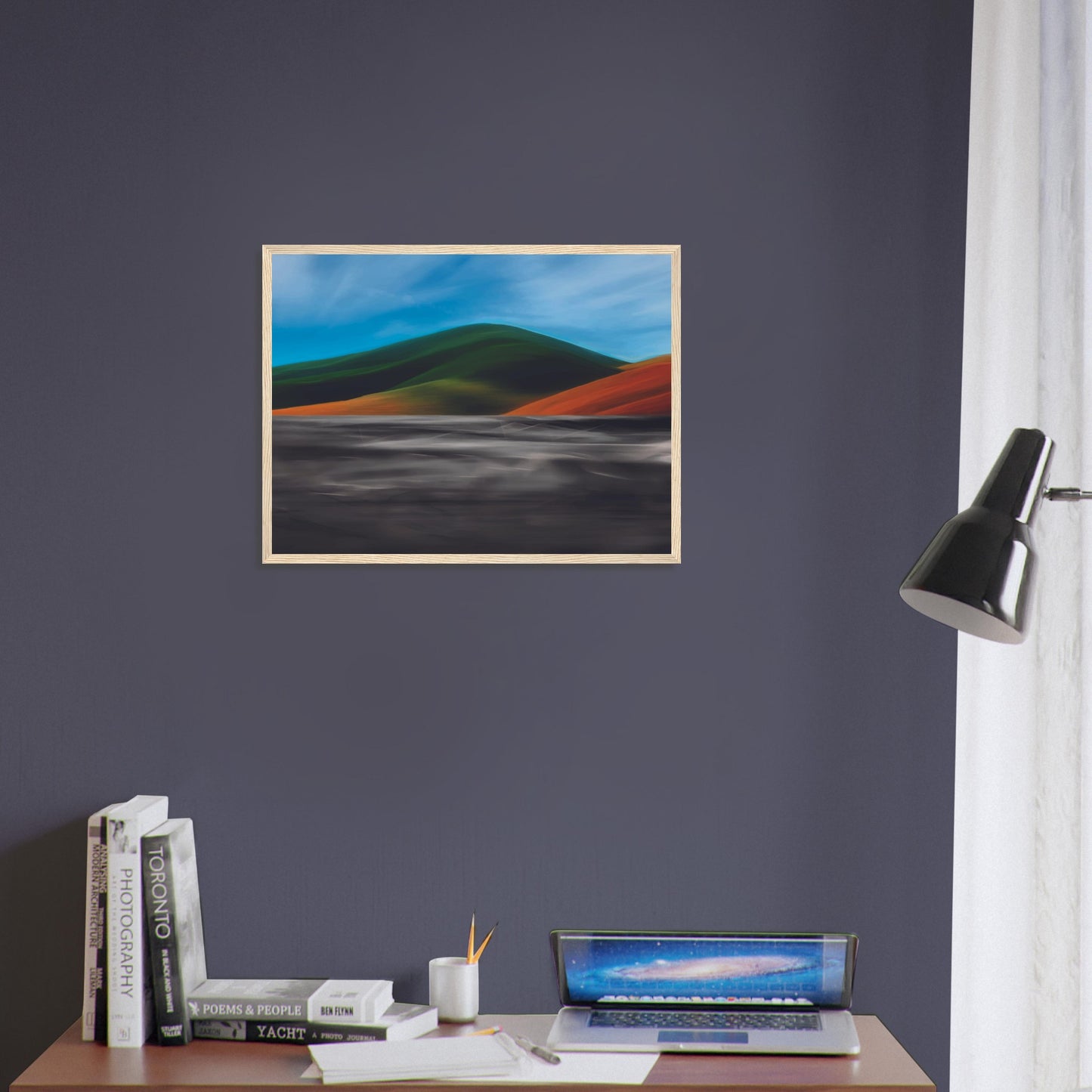 Vibrant artwork of abstract hills and a shimmering road, capturing the feel of a hot summer day in New Zealand.