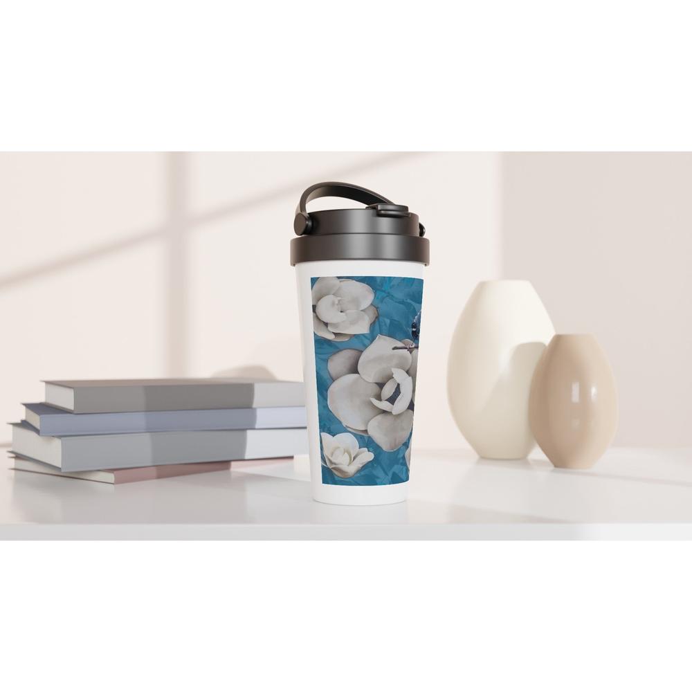 Designer stainless steel travel mug with artwork by NZ designer
