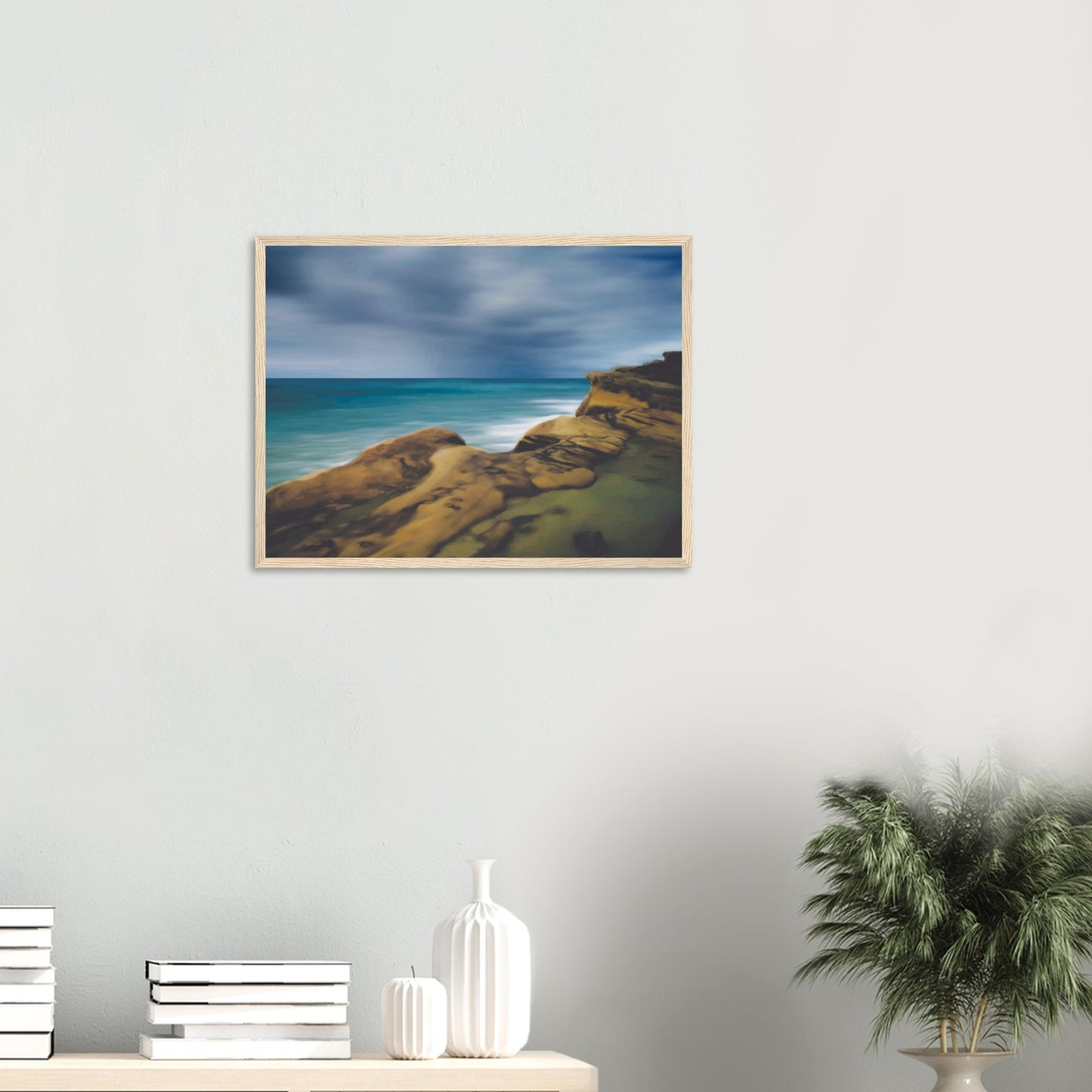 Moody seascape artwork of Castlepoint, with cliffs in the foreground and dark ocean under a brooding sky.