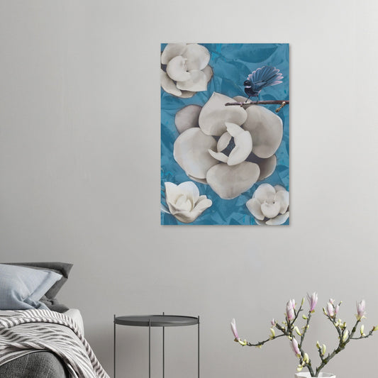 Artwork of a New Zealand pīwakawaka with its tail fanned wide, perched and alert with cool blue tones behind.