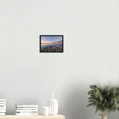 Peaceful Lake Rotorua view with mossy rocks and soft pastel reflections in Calm Waters by NZ artist Ben Hart.