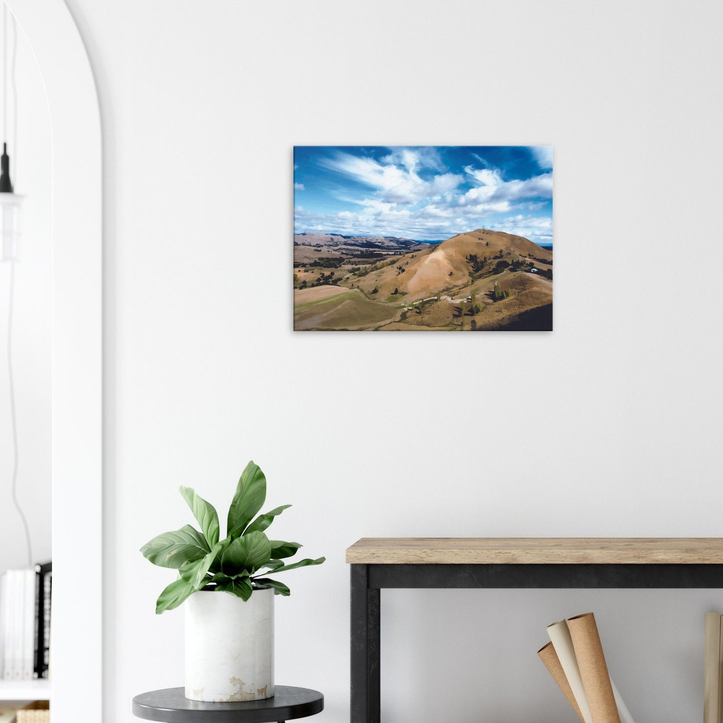 Artwork of Tauweru’s rolling hills under a bright sky, capturing the warmth and openness of the Wairarapa landscape.