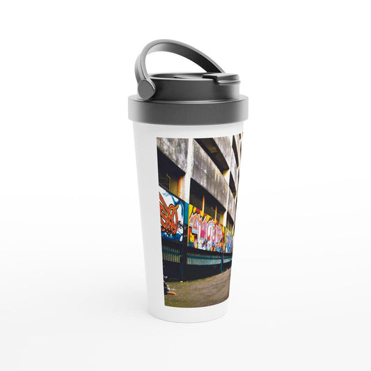 Designer stainless steel travel mug with artwork by NZ designer