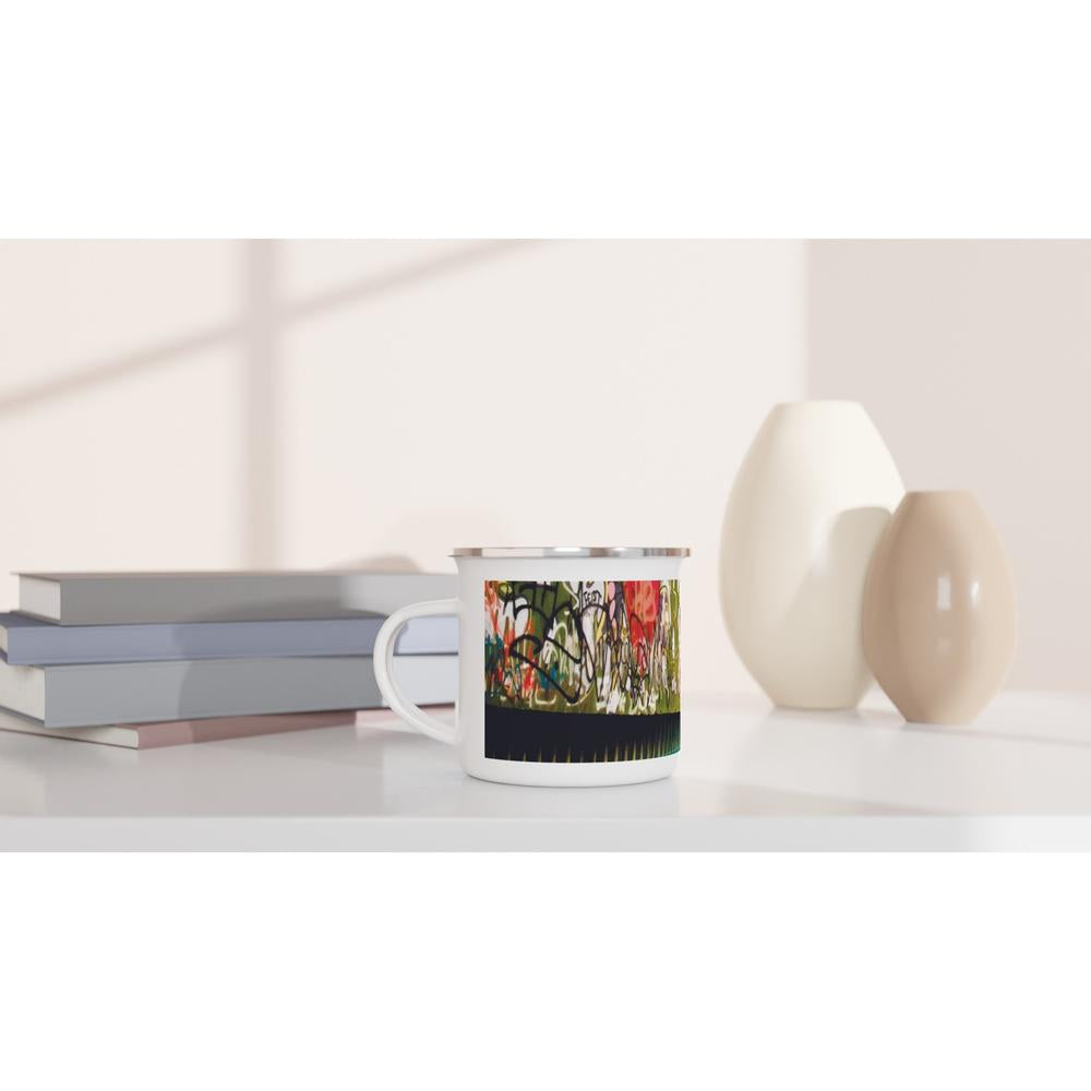 Designer enamel mugs with artwork by NZ designer