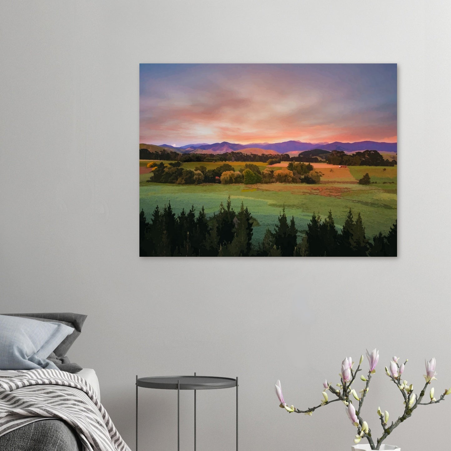 Artwork of a Wairarapa sunrise over pine trees and rolling farmland with soft light on the Tararua Ranges.