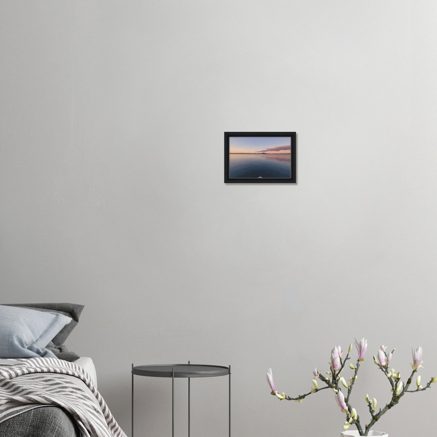 View from jetty over calm Lake Rotorua at sunset in the peaceful artwork Edge of Stillness by NZ designer Ben Hart.