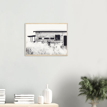 Old timber woolshed in black and white with peeling paint and wild grass in The Woolshed by NZ artist Ben Hart.