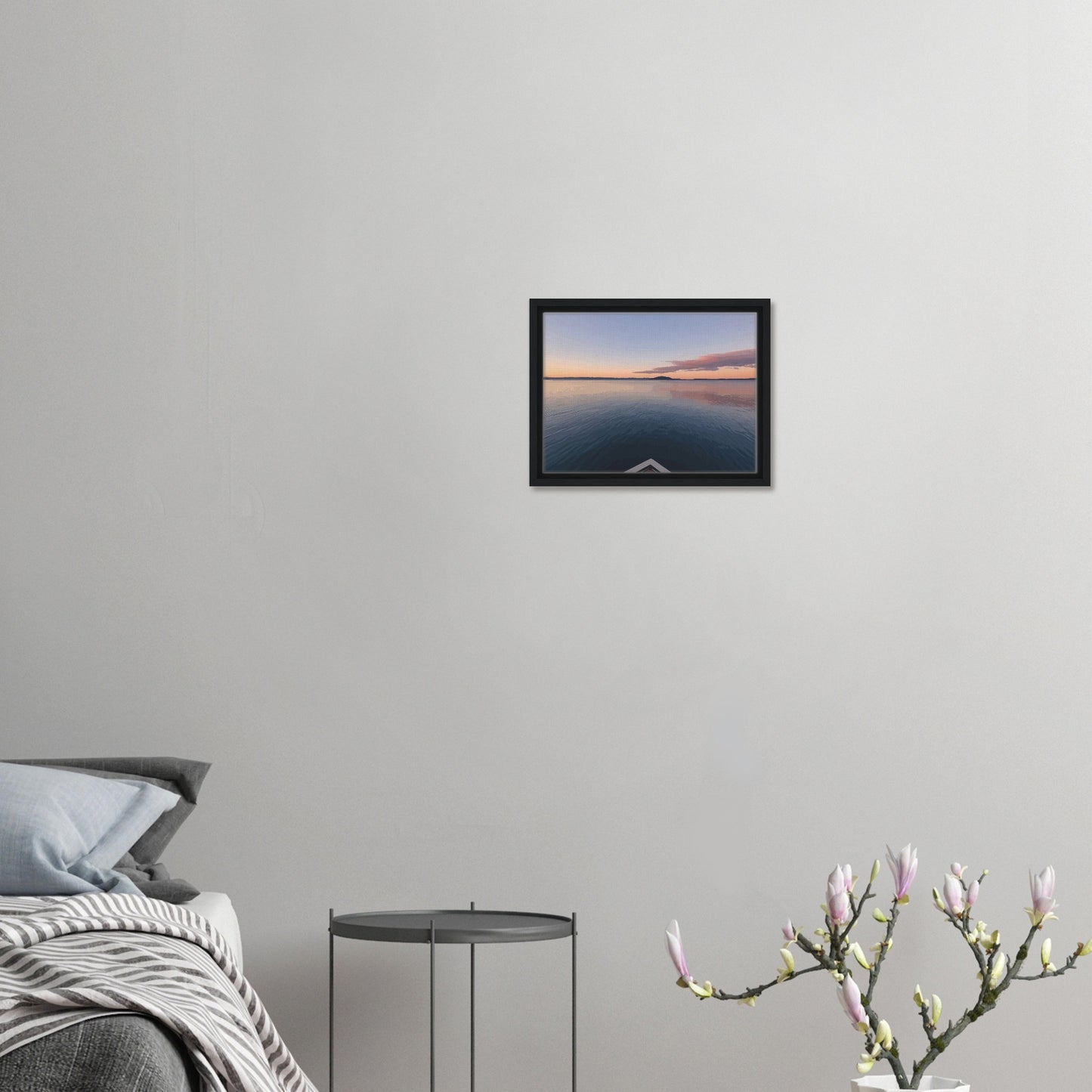 View from jetty over calm Lake Rotorua at sunset in the peaceful artwork Edge of Stillness by NZ designer Ben Hart.