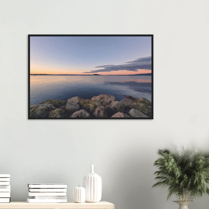 Peaceful Lake Rotorua view with mossy rocks and soft pastel reflections in Calm Waters by NZ artist Ben Hart.