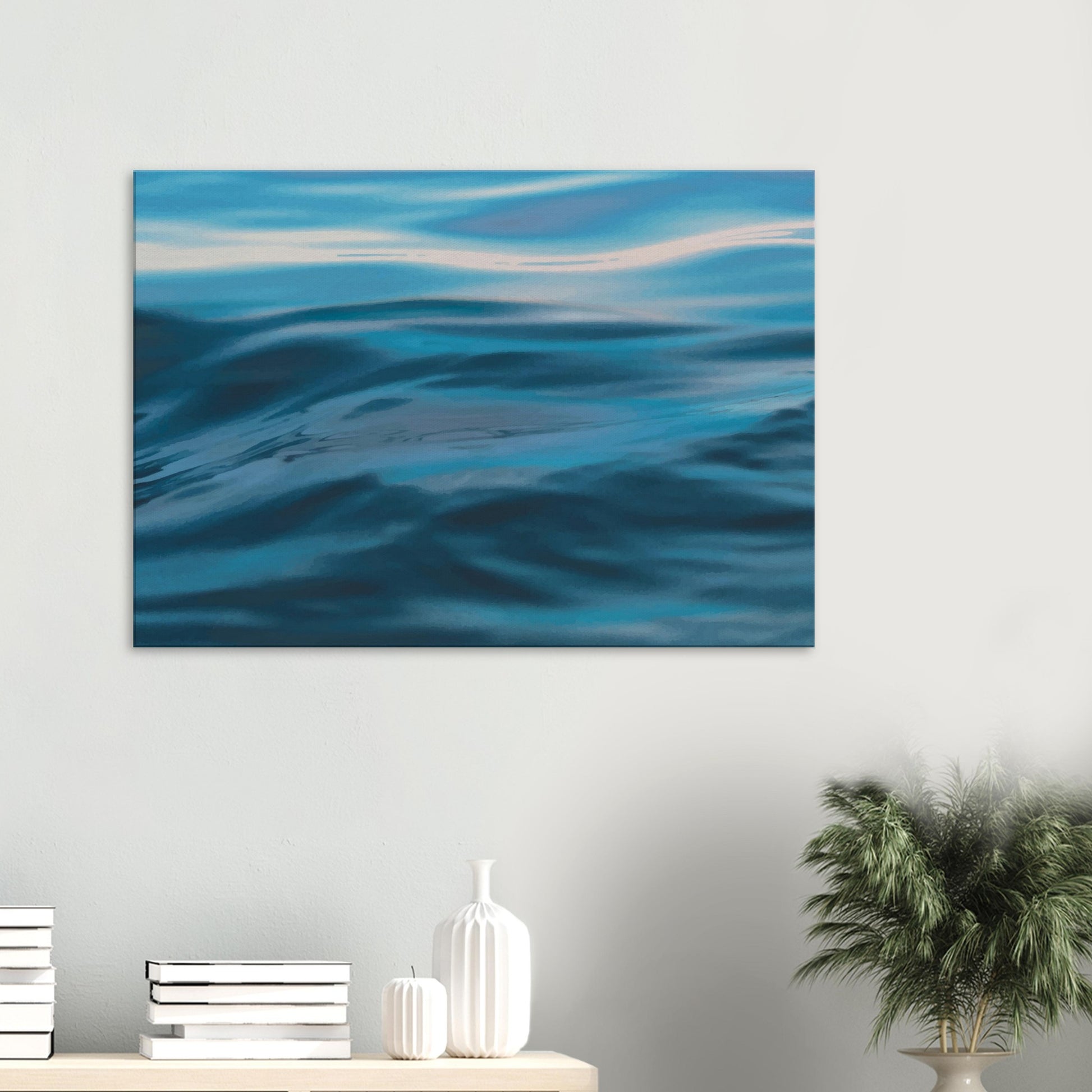 Flowing blue seascape with soft ripple textures and light reflections.