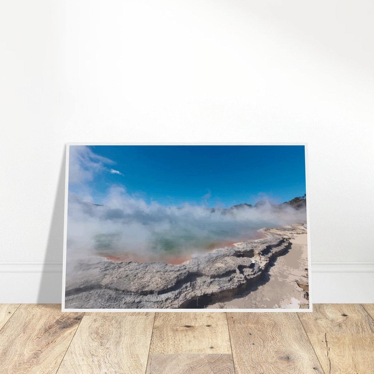 Steaming geothermal pool in Wai-O-Tapu, NZ, with green water and vivid edges in the artwork Thermal Waters by Ben Hart.