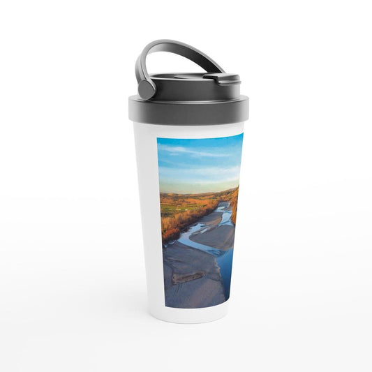 Designer stainless steel travel mug with artwork by NZ designer