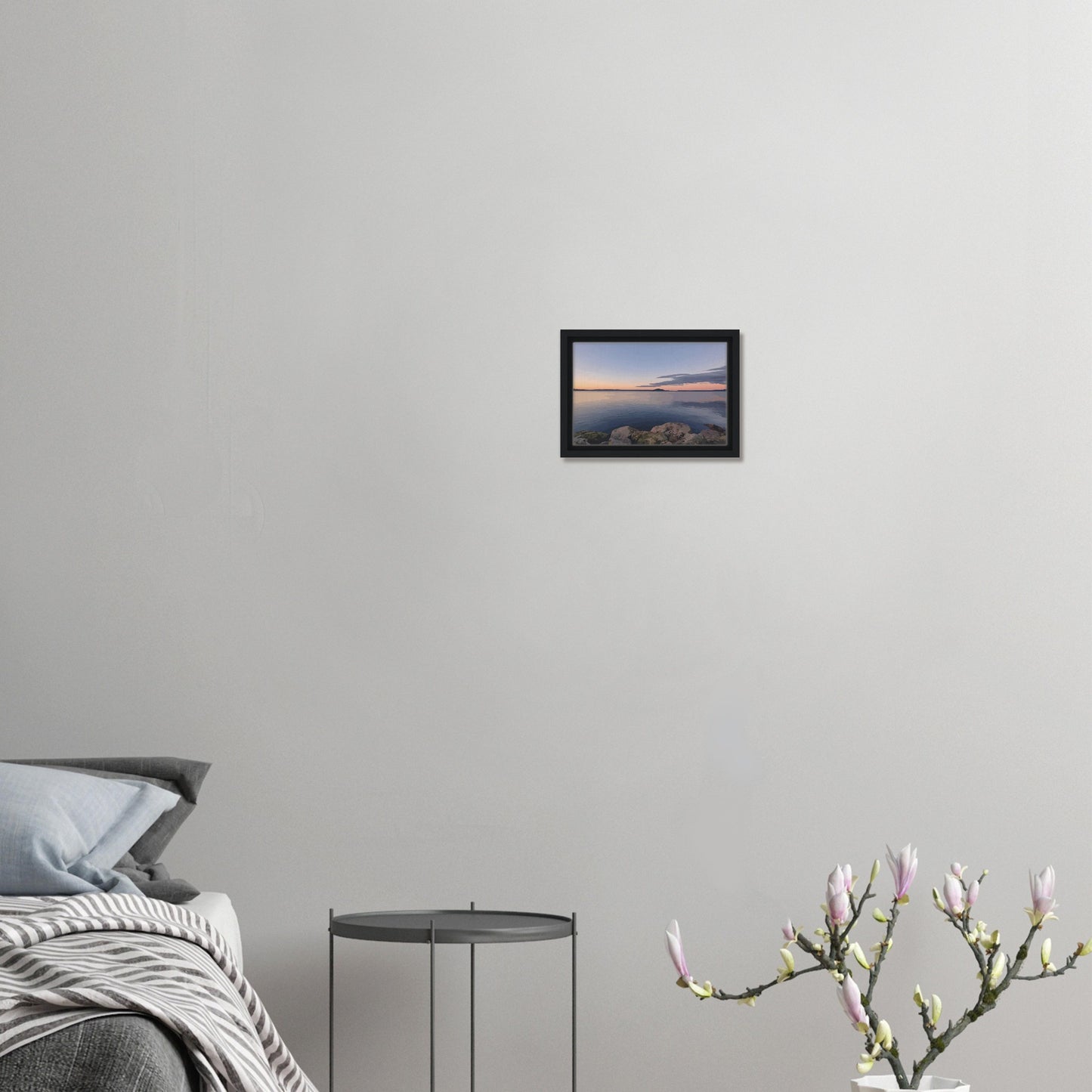 Peaceful Lake Rotorua view with mossy rocks and soft pastel reflections in Calm Waters by NZ artist Ben Hart.
