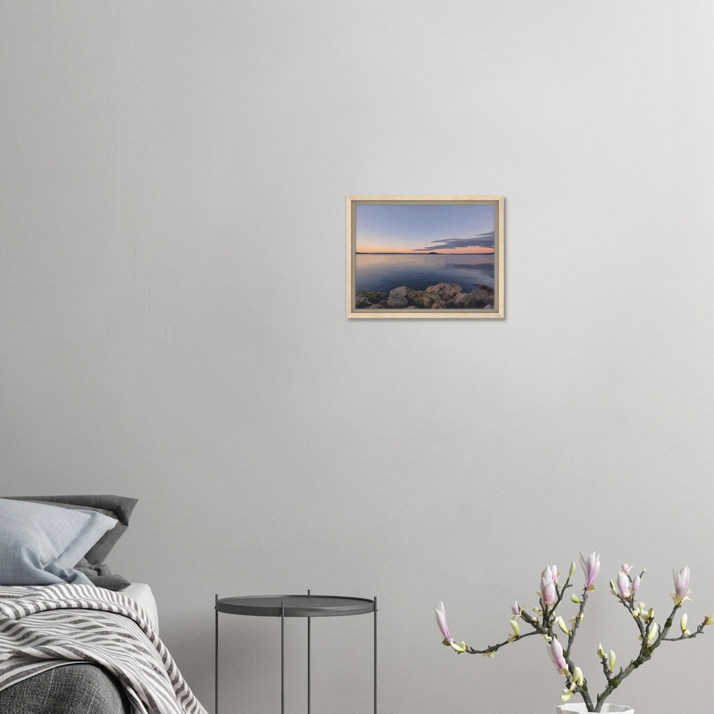 Peaceful Lake Rotorua view with mossy rocks and soft pastel reflections in Calm Waters by NZ artist Ben Hart.