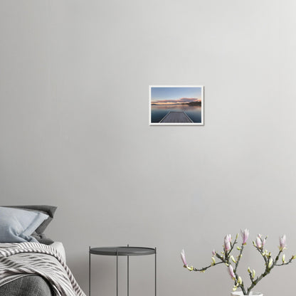 Jetty over Lake Rotorua at dusk with soft clouds and reflections in Echoes of the Lake by New Zealand designer Ben Hart.