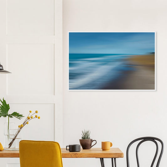 ‘Ocean breeze’ captures the movement of waves and shoreline in a beautifully blurred perspective, creating a dreamlike seascape of blues, teals, and sandy browns.