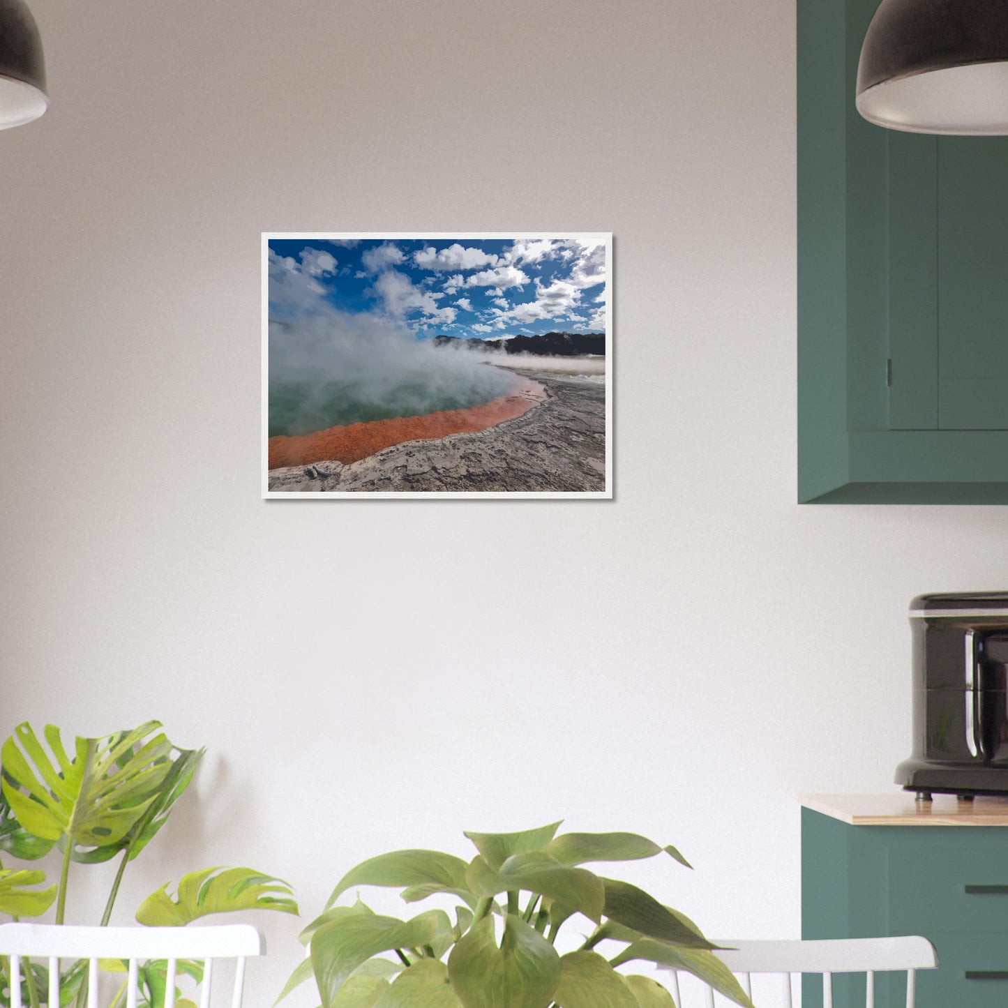 Steaming geothermal pool with bright sky and vivid orange rim in Enchanted Waters by NZ designer Ben Hart.