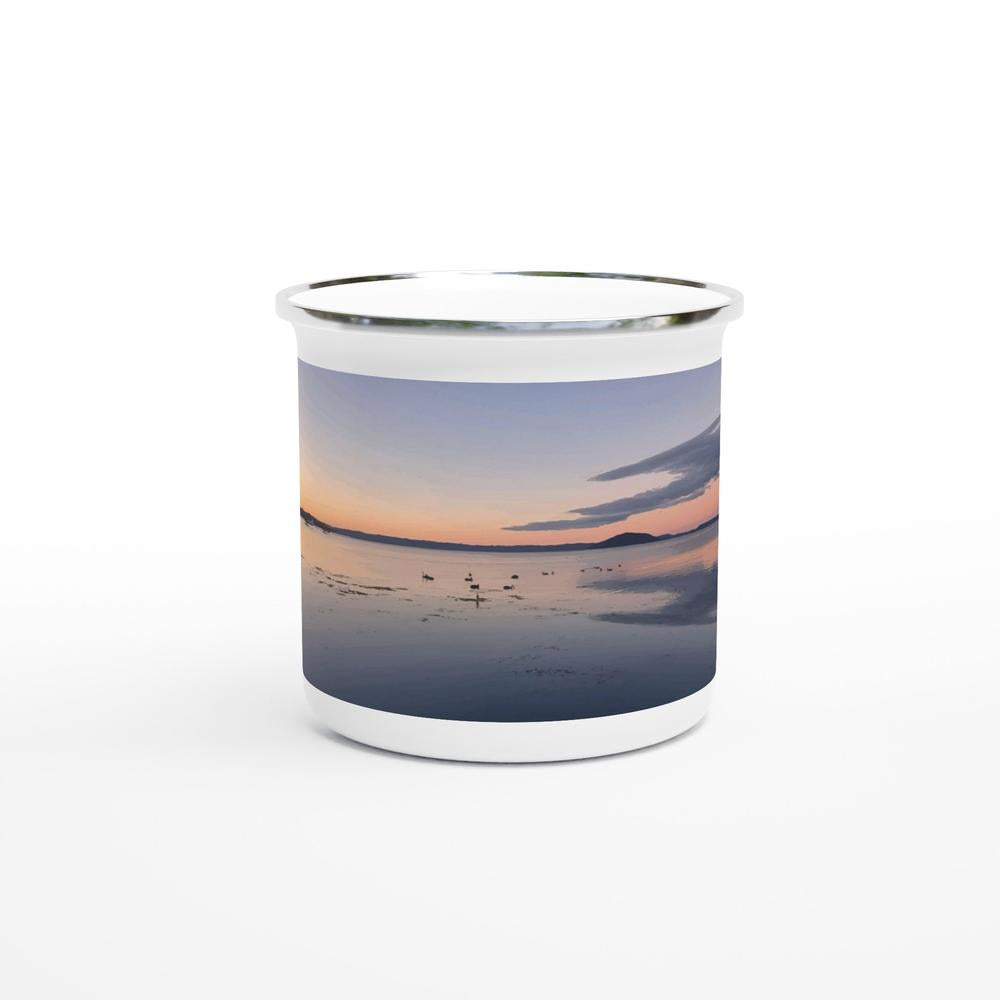Designer enamel mugs with artwork by NZ designer