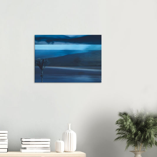 Layered blue seascape artwork with dark hills, water, and horizon in soft coastal tones.
