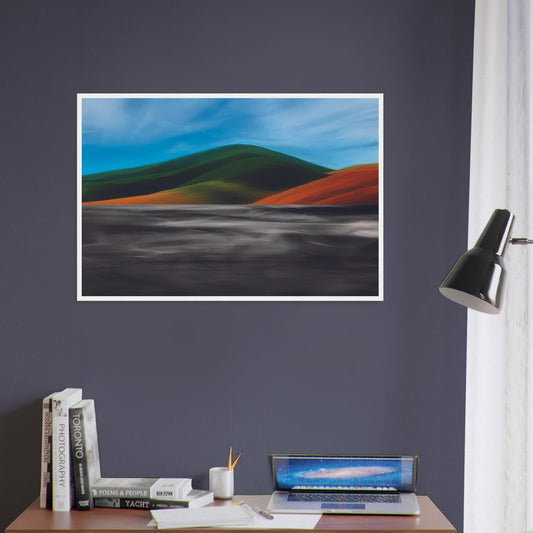 Vibrant artwork of abstract hills and a shimmering road, capturing the feel of a hot summer day in New Zealand.