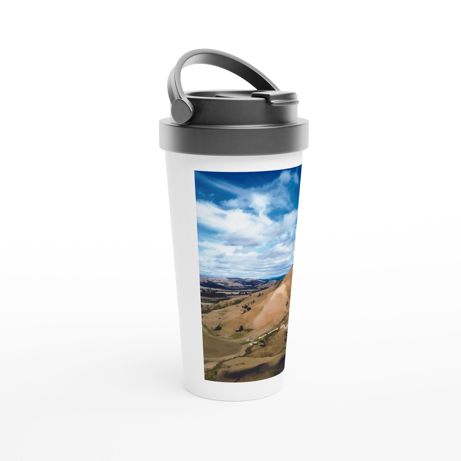 Designer stainless steel travel mug with artwork by NZ designer