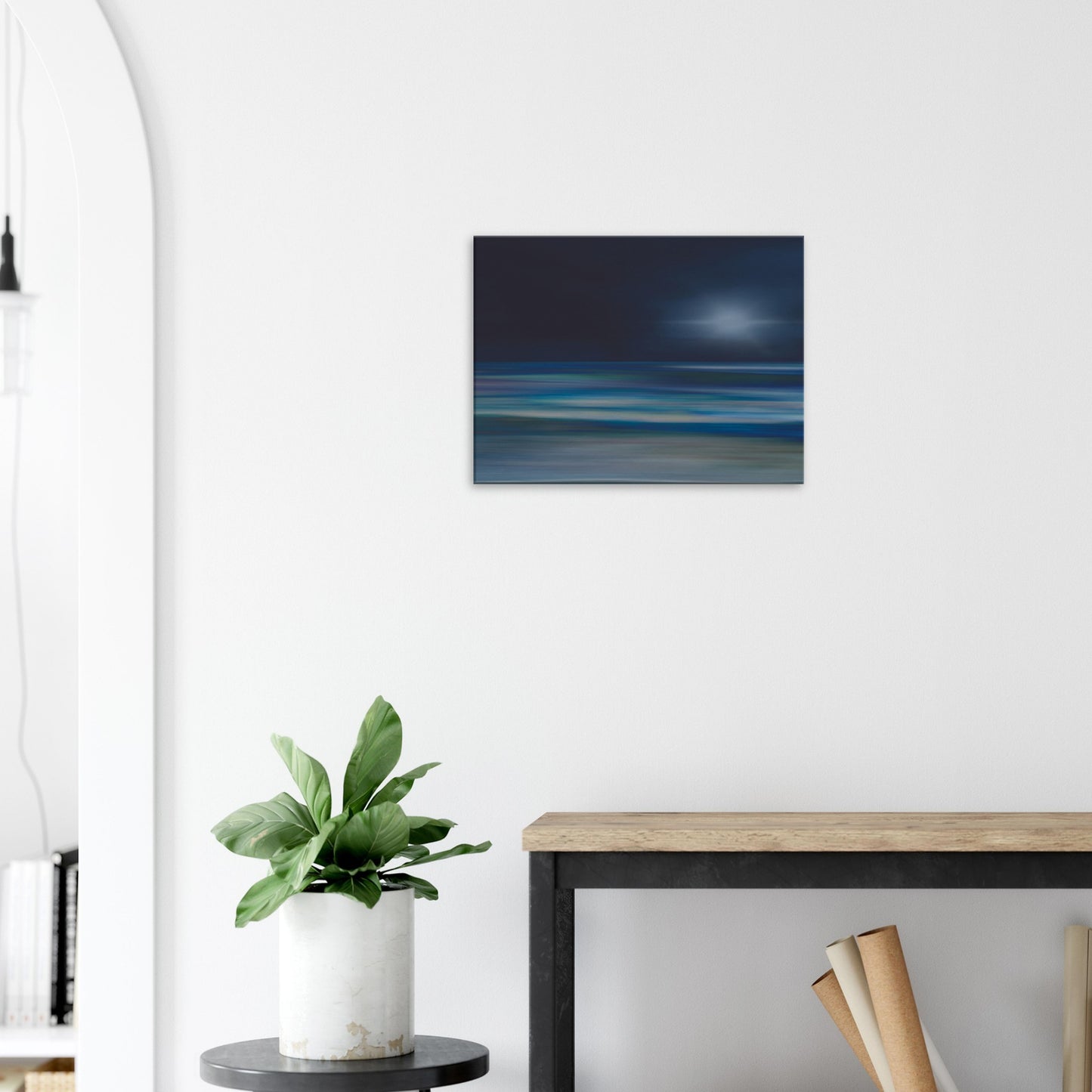 Moody artwork of an abstract sea with dark skies and light on the horizon, evoking calm and quiet transformation.