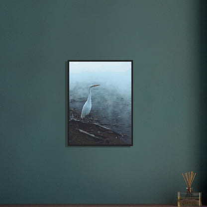 White Heron in the mist captures the quiet elegance of a white heron poised beside mist-covered waters. 
