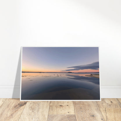 Peaceful Lake Rotorua at sunset with soft pastels, black swans and reflections in Whispers on the Lake by Ben Hart.