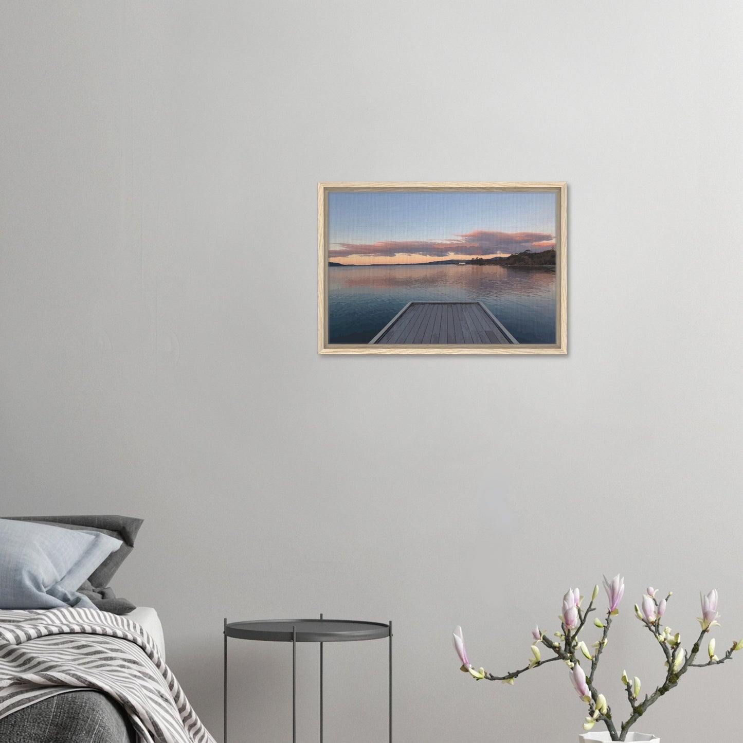 Jetty over Lake Rotorua at dusk with soft clouds and reflections in Echoes of the Lake by New Zealand designer Ben Hart.