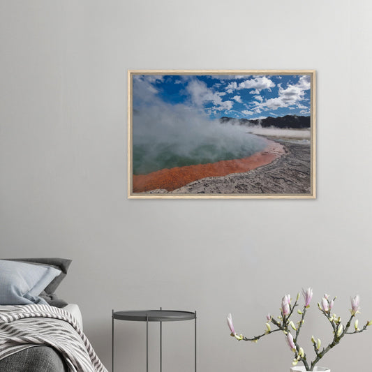 Steaming geothermal pool with bright sky and vivid orange rim in Enchanted Waters by NZ designer Ben Hart.