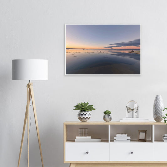 Peaceful Lake Rotorua at sunset with soft pastels, black swans and reflections in Whispers on the Lake by Ben Hart.