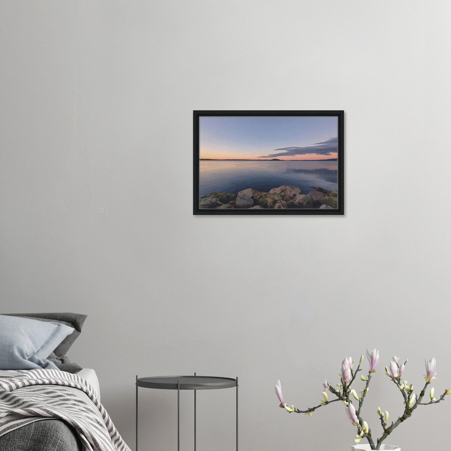 Peaceful Lake Rotorua view with mossy rocks and soft pastel reflections in Calm Waters by NZ artist Ben Hart.
