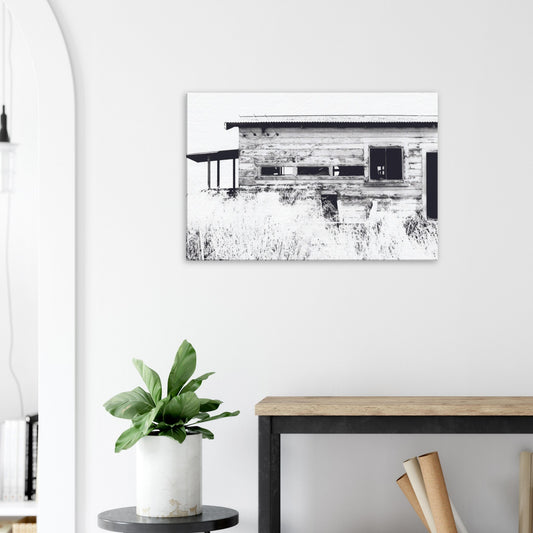 Old timber woolshed in black and white with peeling paint and wild grass in The Woolshed by NZ artist Ben Hart.