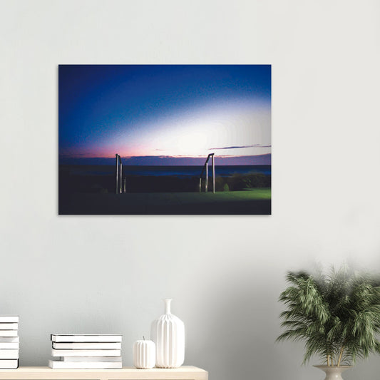 Artwork of Owhiro Bay at dusk with glowing horizon, sea, and steel railings leading into night.