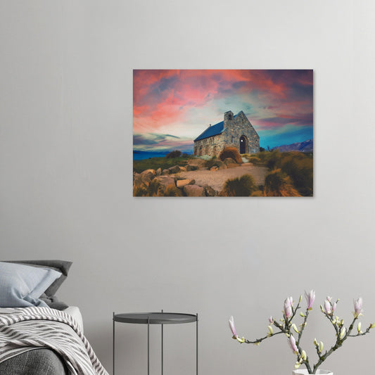 Stone church at Lake Tekapo under a pink and blue sky, with mountains in the background.