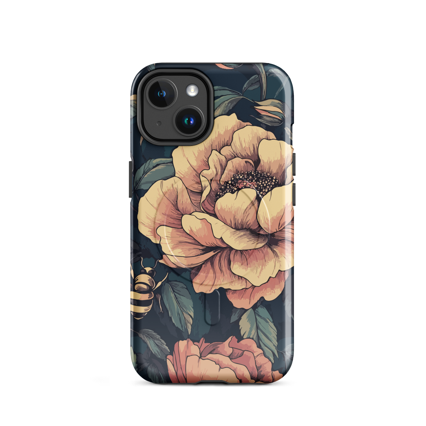 'Vintage Pink Roses' iPhone 14 MagSafe tough phone case - protective glossy case NZ Australia