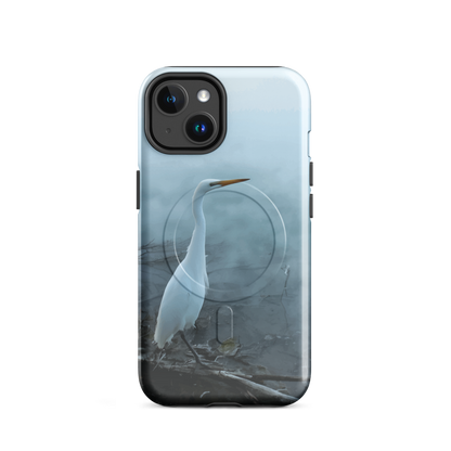 'White Heron in the Mist' iPhone 14 MagSafe tough phone case - protective glossy case NZ Australia