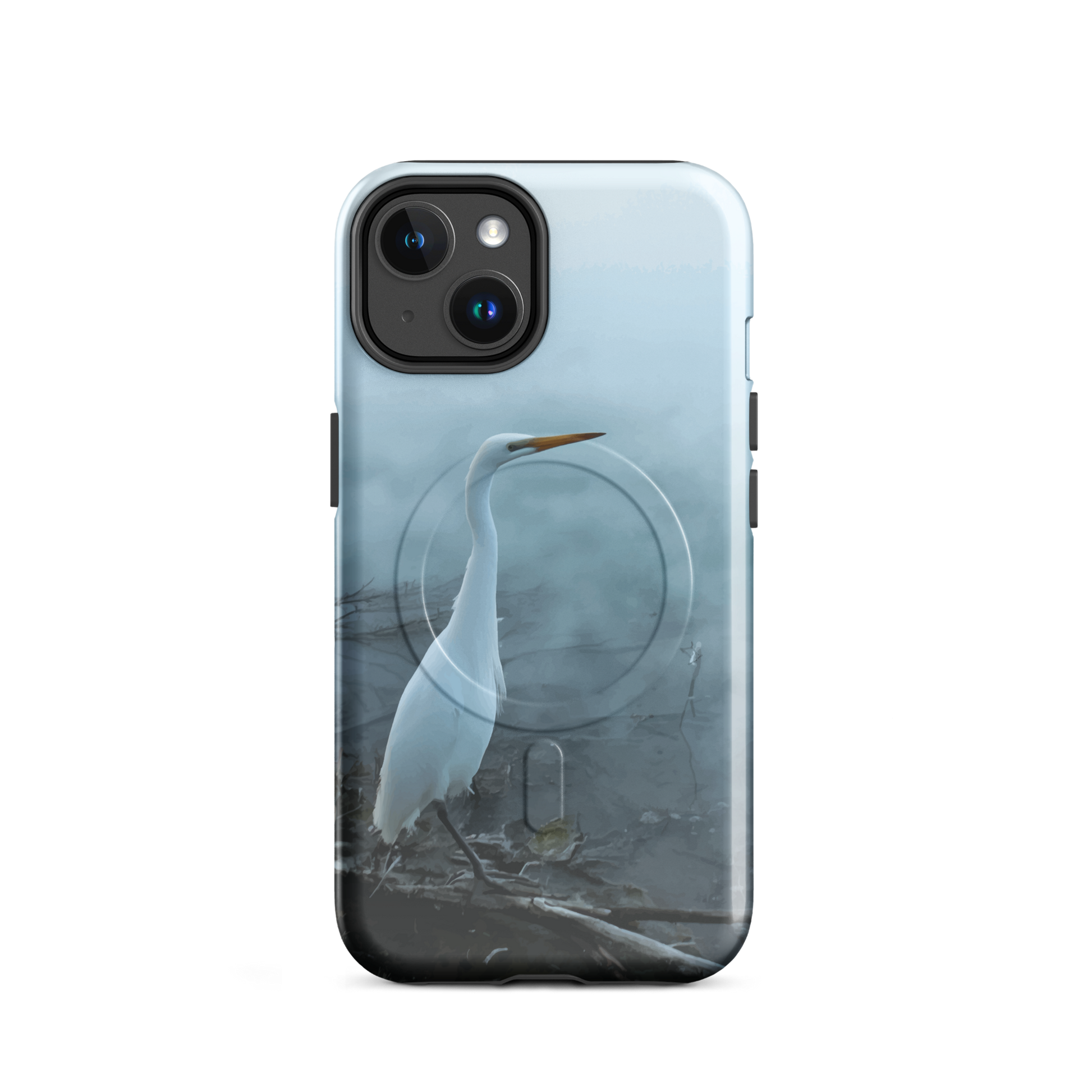 'White Heron in the Mist' iPhone 14 MagSafe tough phone case - protective glossy case NZ Australia