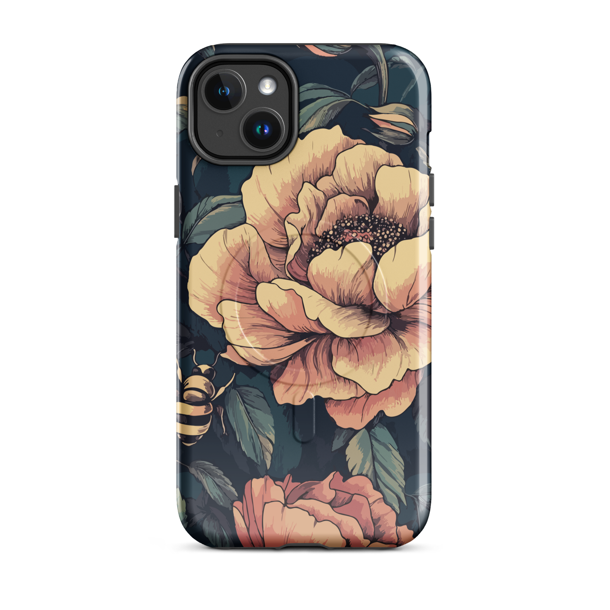 'Vintage Pink Roses' iPhone 14 Plus MagSafe tough phone case - protective glossy case NZ Australia