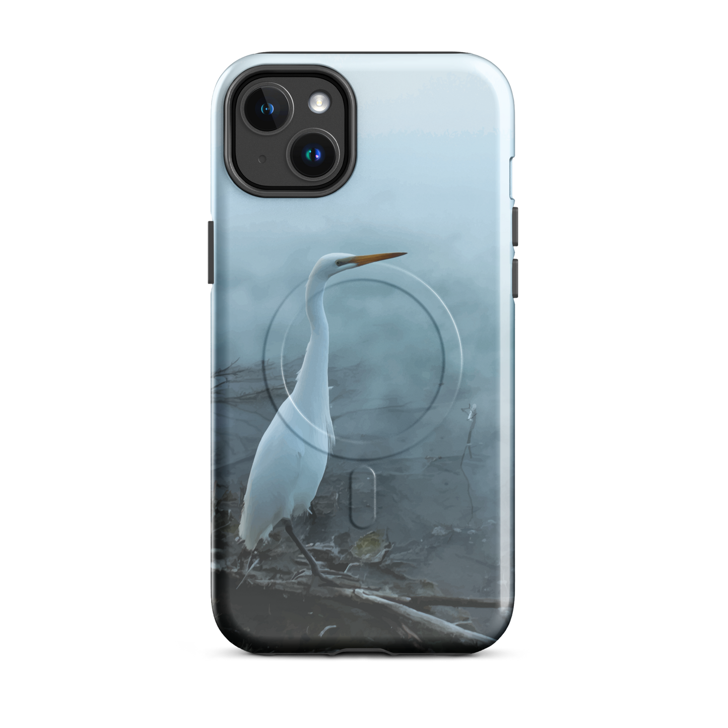 'White Heron in the Mist' iPhone 14 Plus MagSafe tough phone case - protective glossy case NZ Australia