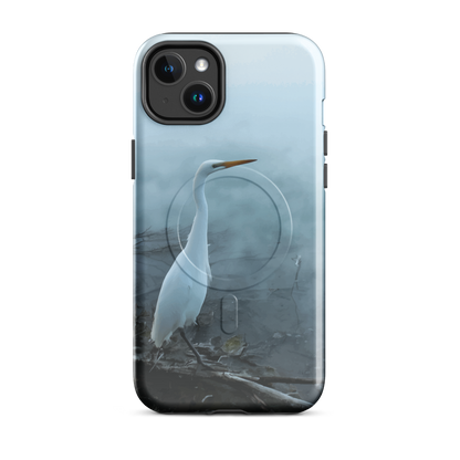'White Heron in the Mist' iPhone 14 Plus MagSafe tough phone case - protective glossy case NZ Australia