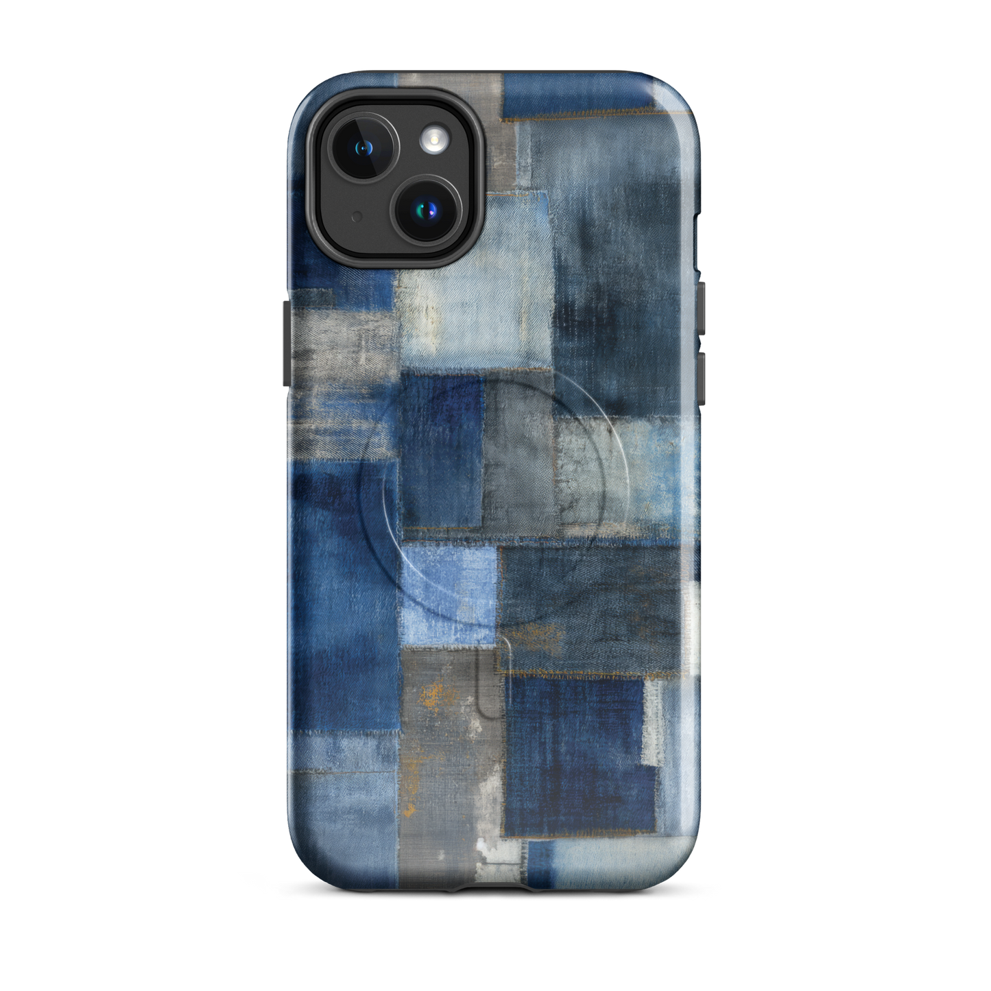 'Indigo Patchwork' iPhone 14 Plus MagSafe tough phone case - protective glossy case NZ Australia